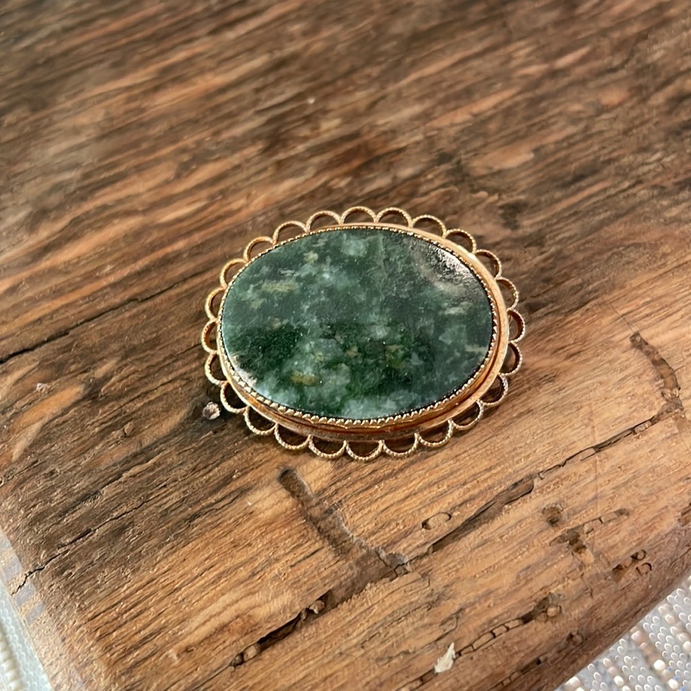 Vintage Jade & 10k Gold Brooch, 1 1/4”long x 3/4”wide. From South Carolina